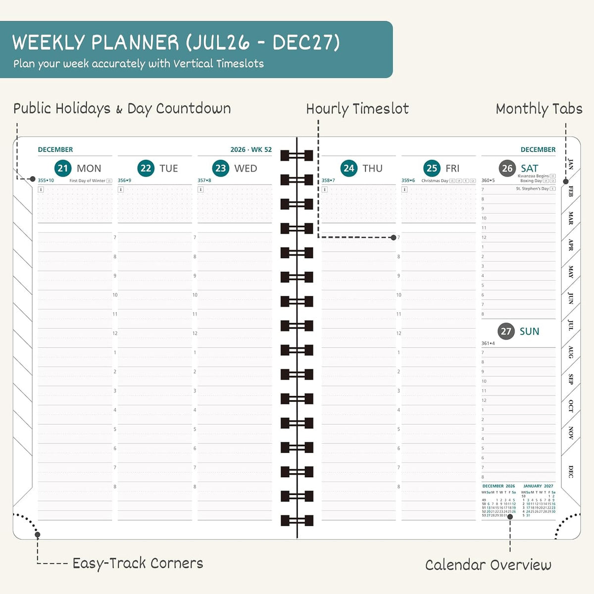BEZEND Planner 2026-2027 Weekly and Monthly, Hourly Timeslot (8.5"x11")