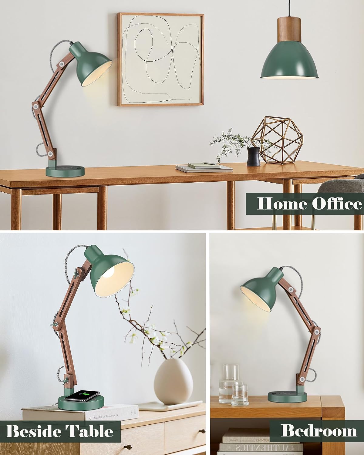 ELYONA LED Desk Lamp with Wireless Charger, Sapele Wood Reading Light with USB C Charging Port, Swing Arm Table Lamp for Home Office, College Dorm, Bedroom Living Room, Bulb Included, Vintage Green