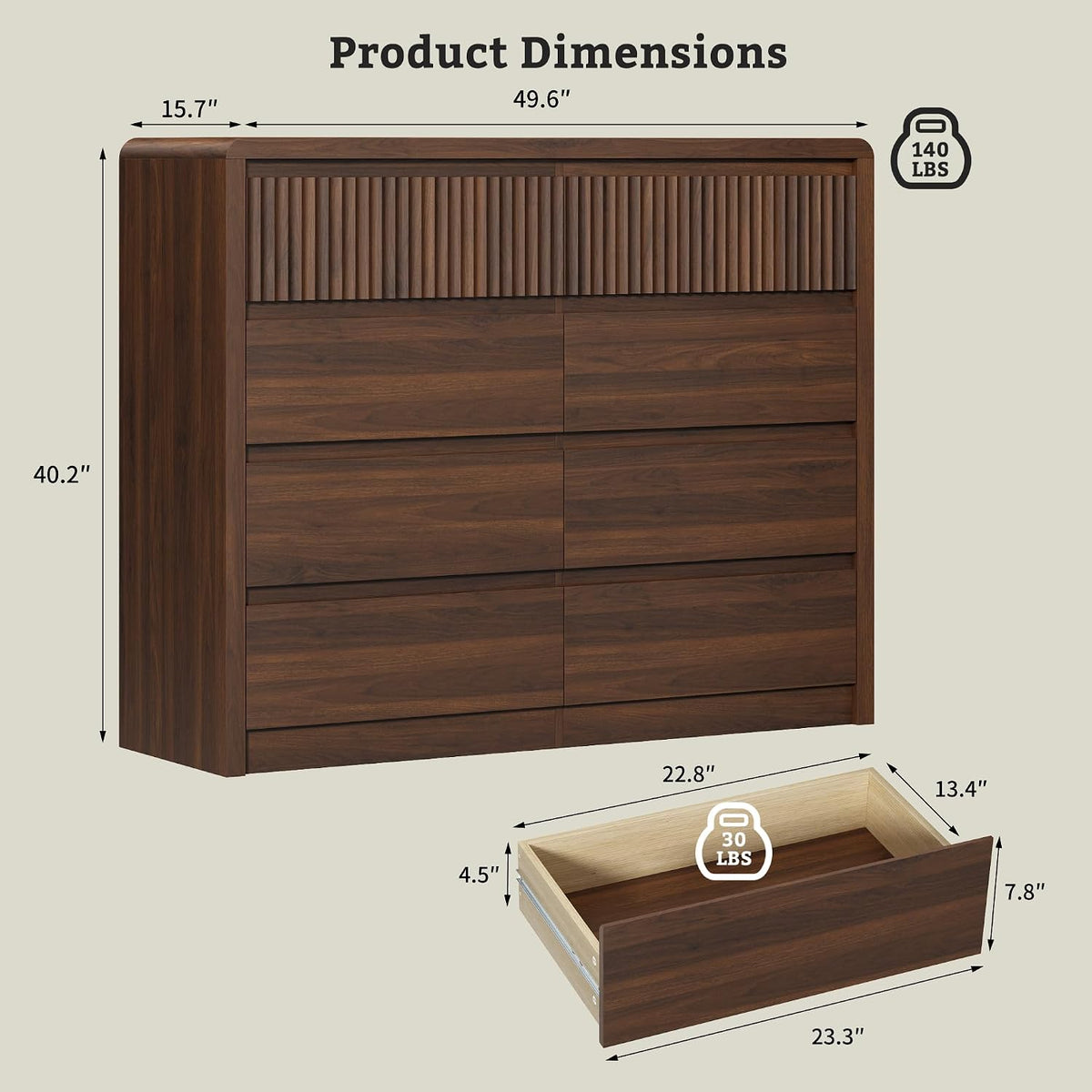 LYNSOM Walnut Fluted 8 Drawer Dresser, 50" Wide Wooden Chest of Drawers for Bedroom, Curved Profile Design, Mid Century Modern Dresser Storage Organizer Closet for Living Room, Hallway, Entryway