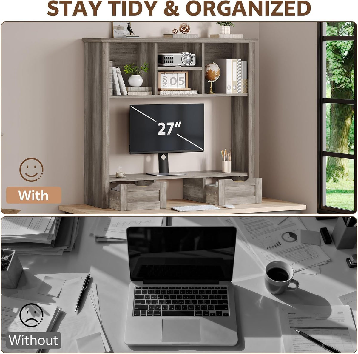 Desk Shelf with Computer Monitor Stand, 37.4''W Desktop Bookshelf