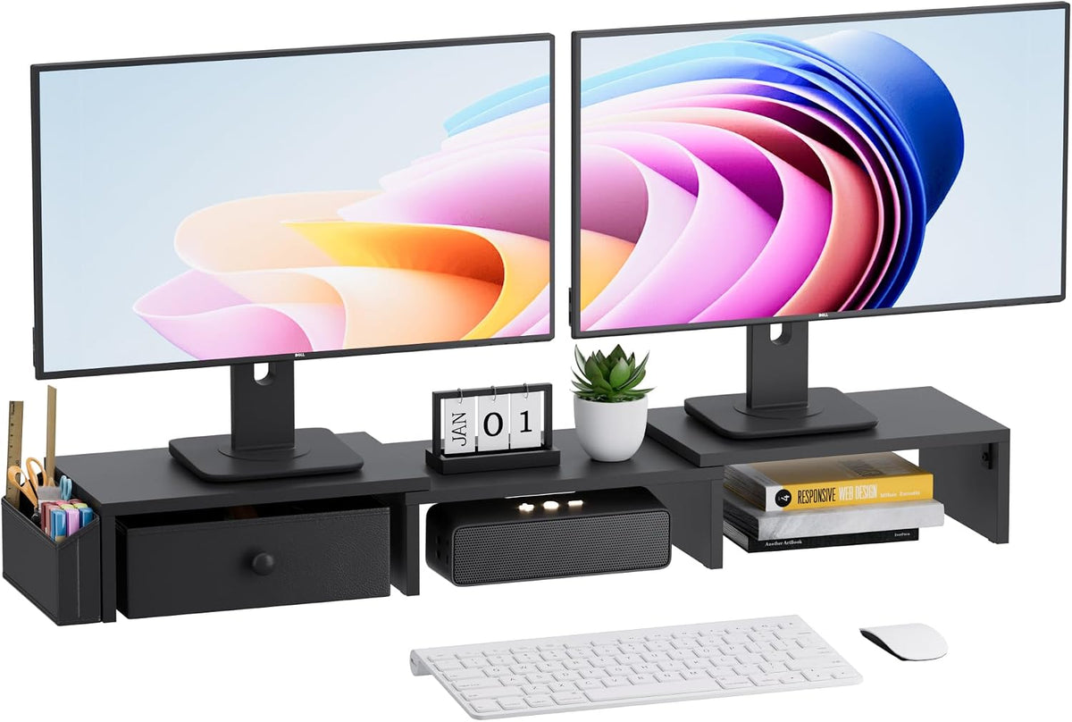 Dual Monitor Stand Riser, Adjustable Length & Swivel Angle Monitor Stand, Ergonomic Monitor Stand with Drawer & Side Pockets, Desktop Organizer and Office Desk Accessories, Black