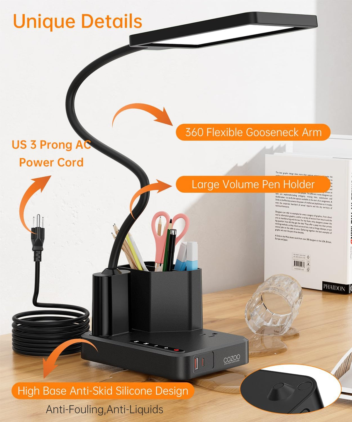 Desk Lamp, COZOO LED Desk Lamps for Home Office with USB Charging Port/Outlet/Organizer,Desk Lamp for College Dorm Eye-Caring Study Light,Gooseneck Table Lamp with Pen Holders/Storage,9 Lighting Modes