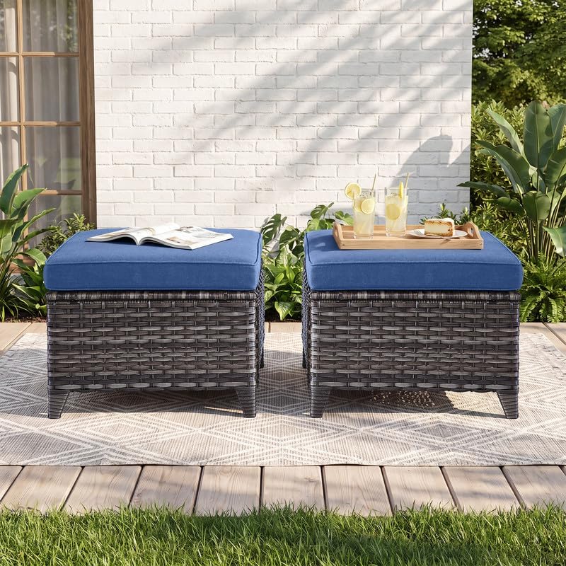 Rilyson Luxury Outdoor Wicker Patio Ottomans Set of 2, 250 lbs Capacity Rattan Large Ottomans for Patio Footrest Set 22.8in*22.8in*14in with 3.5in Thick Cushion (Brown/Blue)