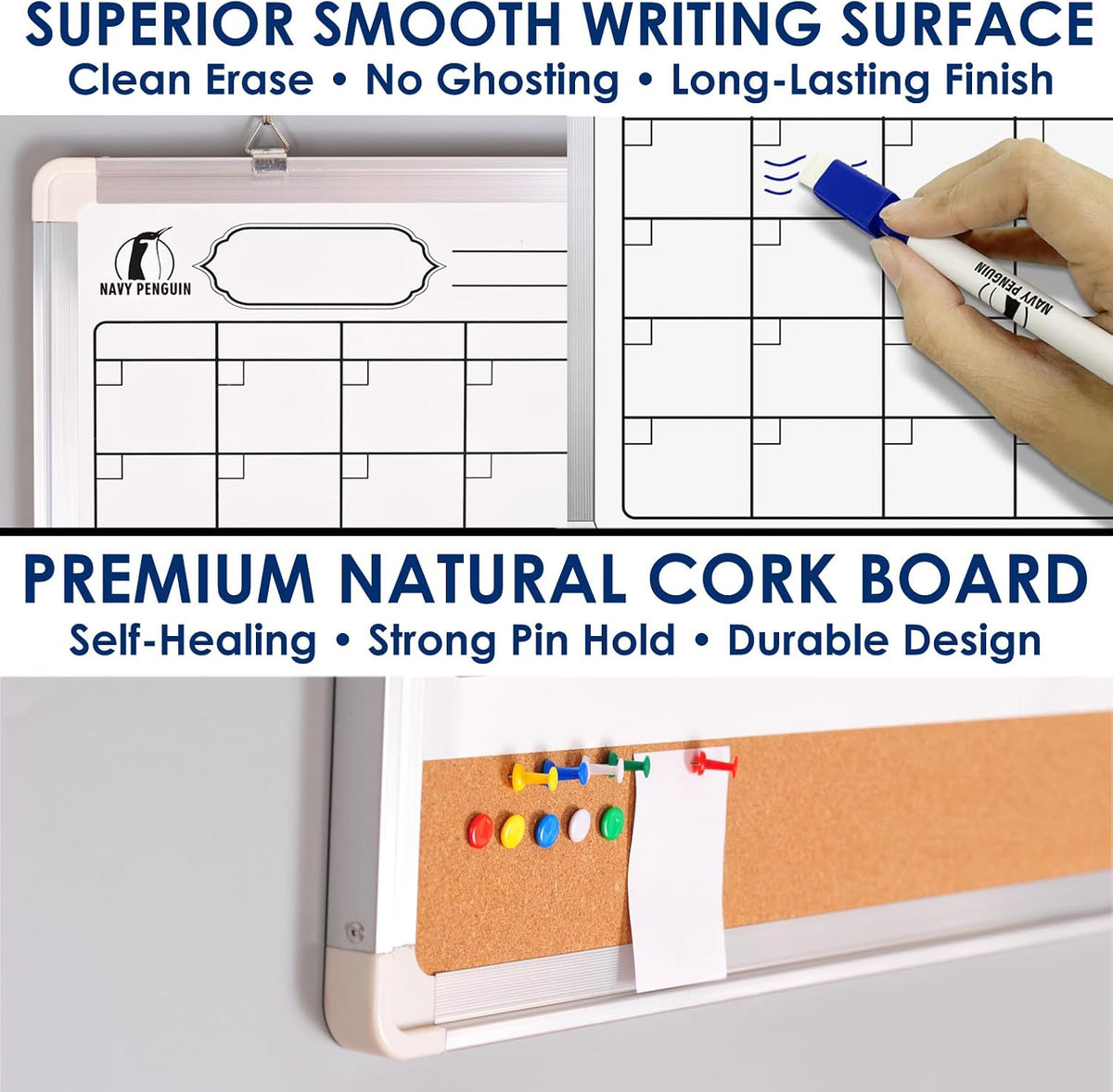 Dry Erase Calendar for Wall - Whiteboard Calendar with Cork Board 18x24 in