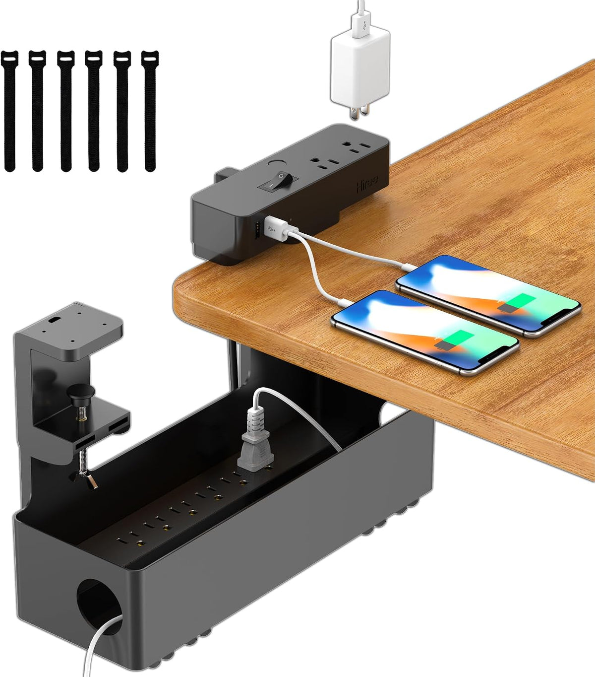 Hiree Under Desk Cable Management Tray with Power Strip, 8 AC Outlets, 2 USB Ports & 1 USB-C Port, Clamp Mount Desk Cable Organizer, No Drill Cord Management Tray for Standing Desk, Home Office（Black）