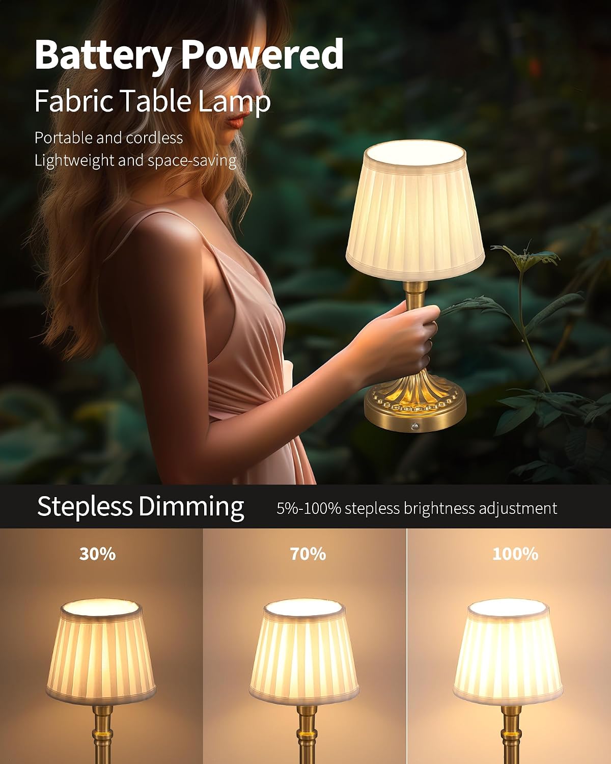 KDG Gold Cordless Portables Table Lamp, Beige Fabric Shade Small Desk Lamp