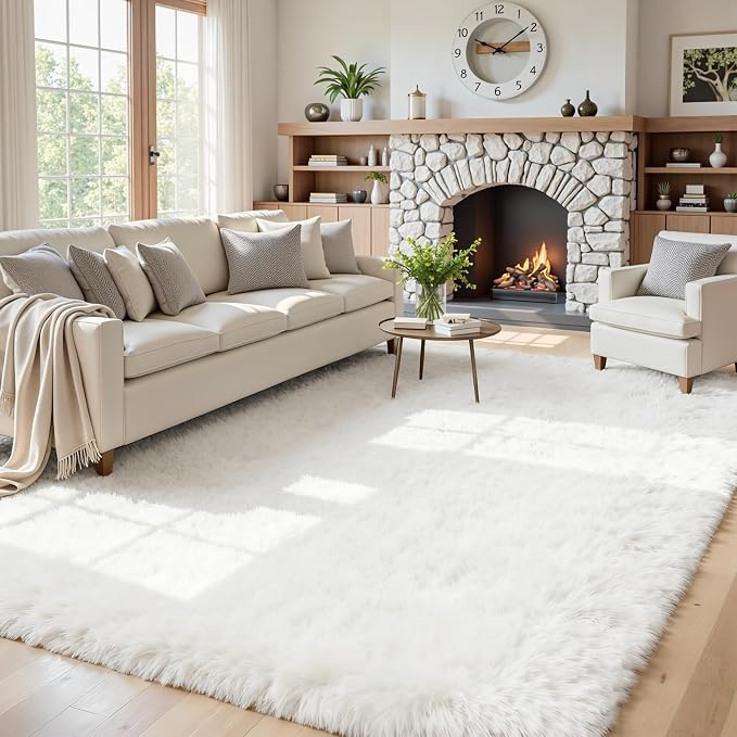 5x8 Area Rugs for Living Room: Soft Fluffy Shag White Rugs for Bedroom