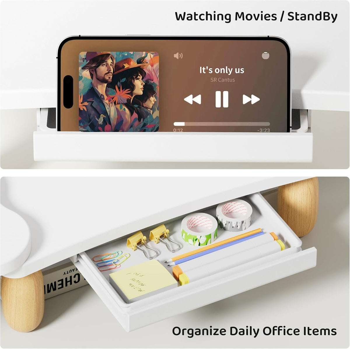AFOOYO Dual Monitor Riser, Cookie-Shaped Adjustable Length & Swivel Angle, Wooden Desktop Organizer for 2 Monitors,Monitor Stand with Drawer for Laptop, PC, Computer, Printer,White