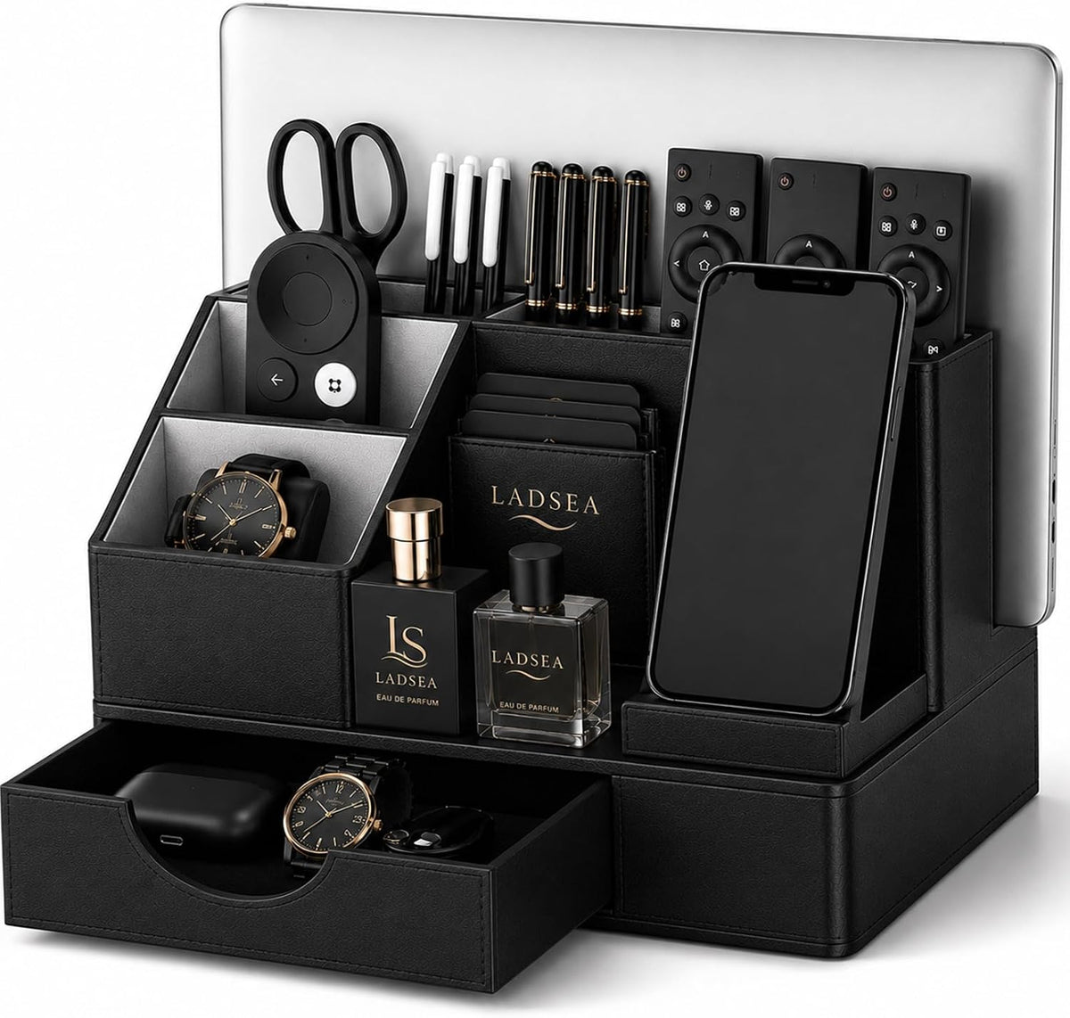 6-in-1 Desk Organizer for Men, PU Leather Phone Stand with Drawer, Bedside Nightstand Caddy for Watch, Wallet and Glasses
