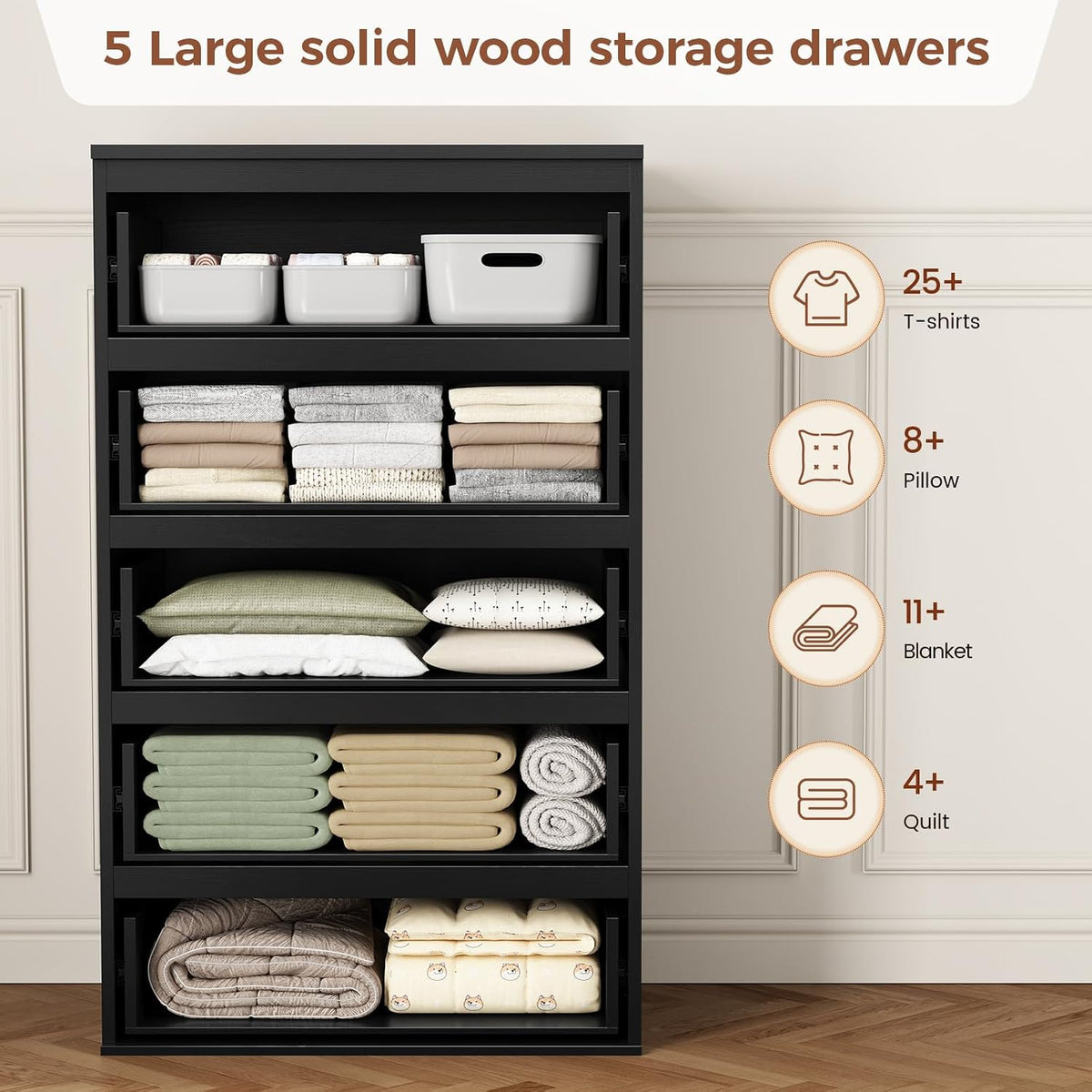 UPOSOJA Tall Dresser for Bedroom, 5 Chest of Wooden Drawers, Vintage Dresser, Closet Storage Dressers Organizer for Bedroom, Living Room, Hallway (Black+Brown)