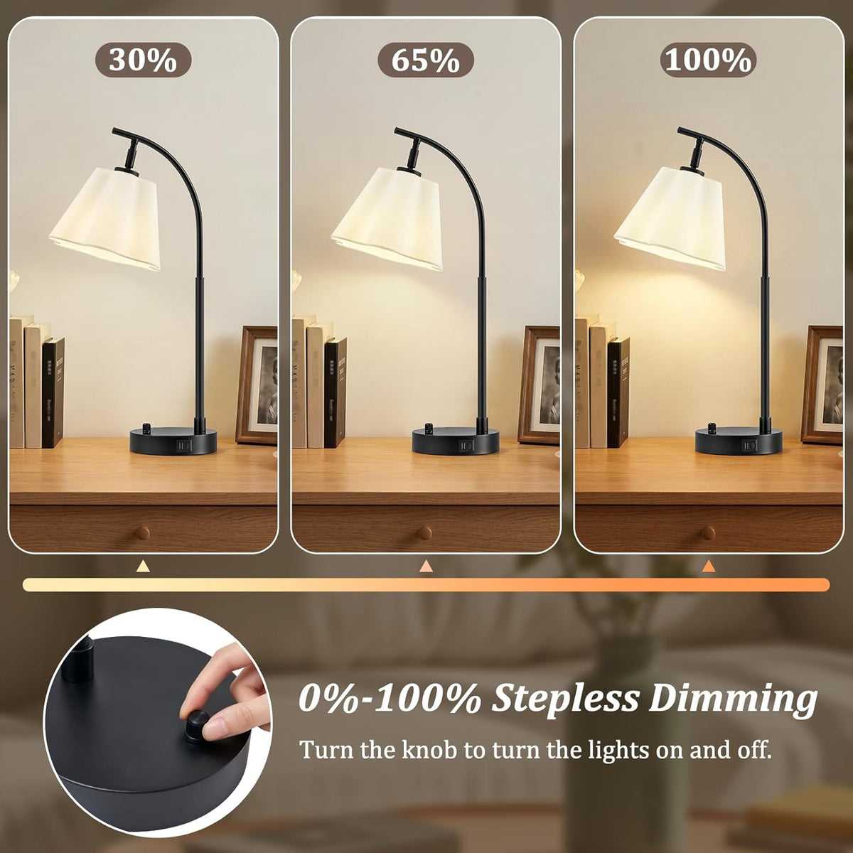 Table Lamps Set of 2, Stepless Dimmable Bedside Lamps with USB A&C Ports