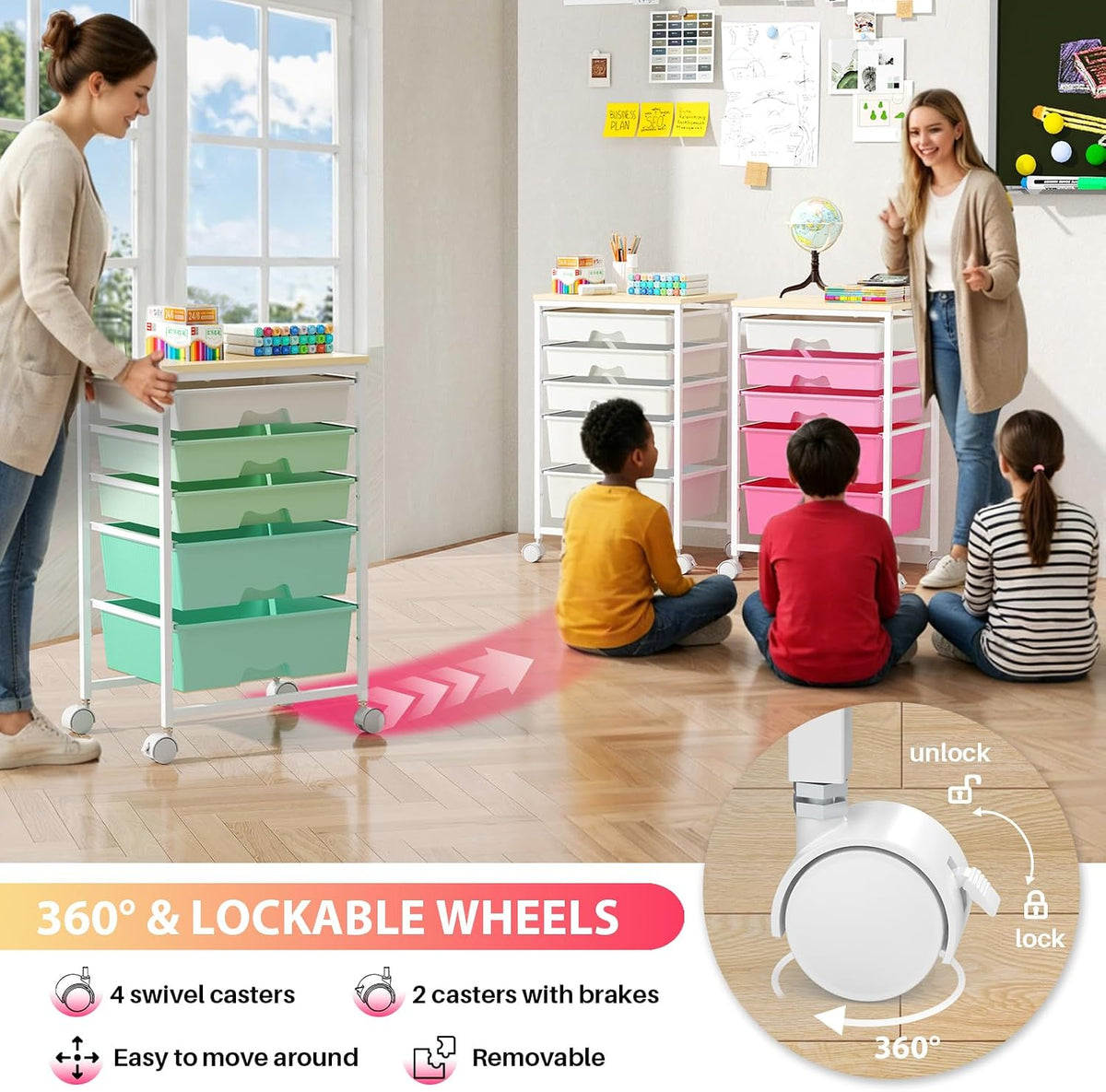 Goovilla Rolling Cart with 5 Drawers for Craft, Art, Dorm, Office, White