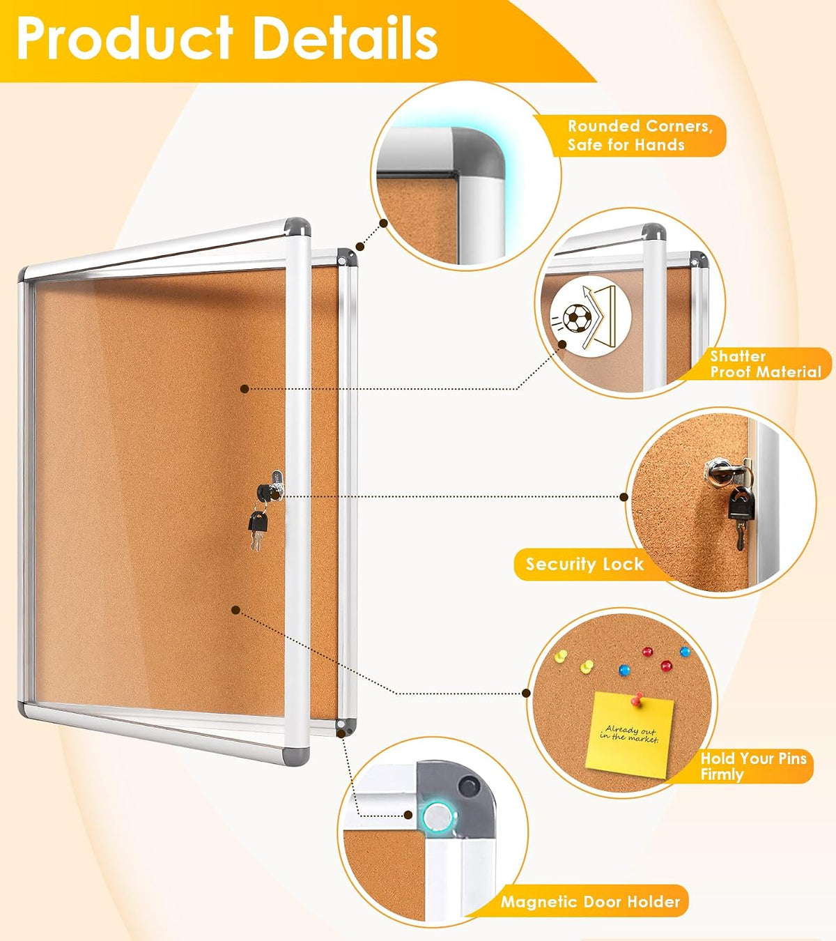 SWANCROWN 20x14 in Enclosed Bulletin Board, Lockable Cork Noticeboard 2xA4