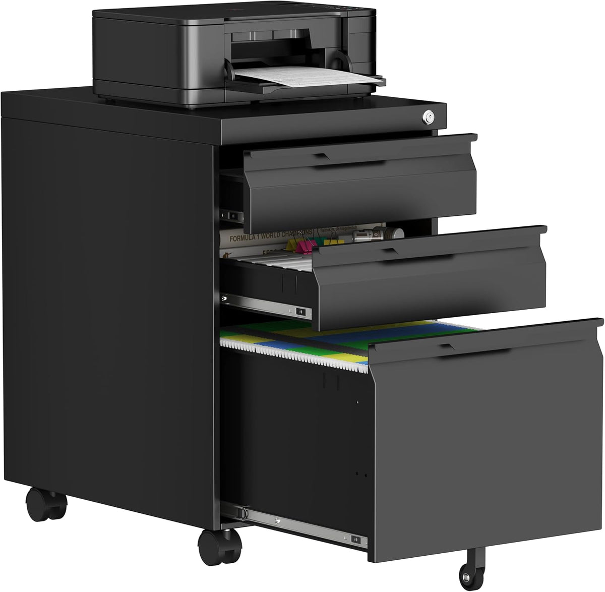 3 Drawer File Cabinet Under Desk with Wheels,Metal Small Filing Cabinets for Home Office Organizer,Rolling Filing Cabinets Under Desk Storage for Letter/Legal/A4,Assembly Required,Black