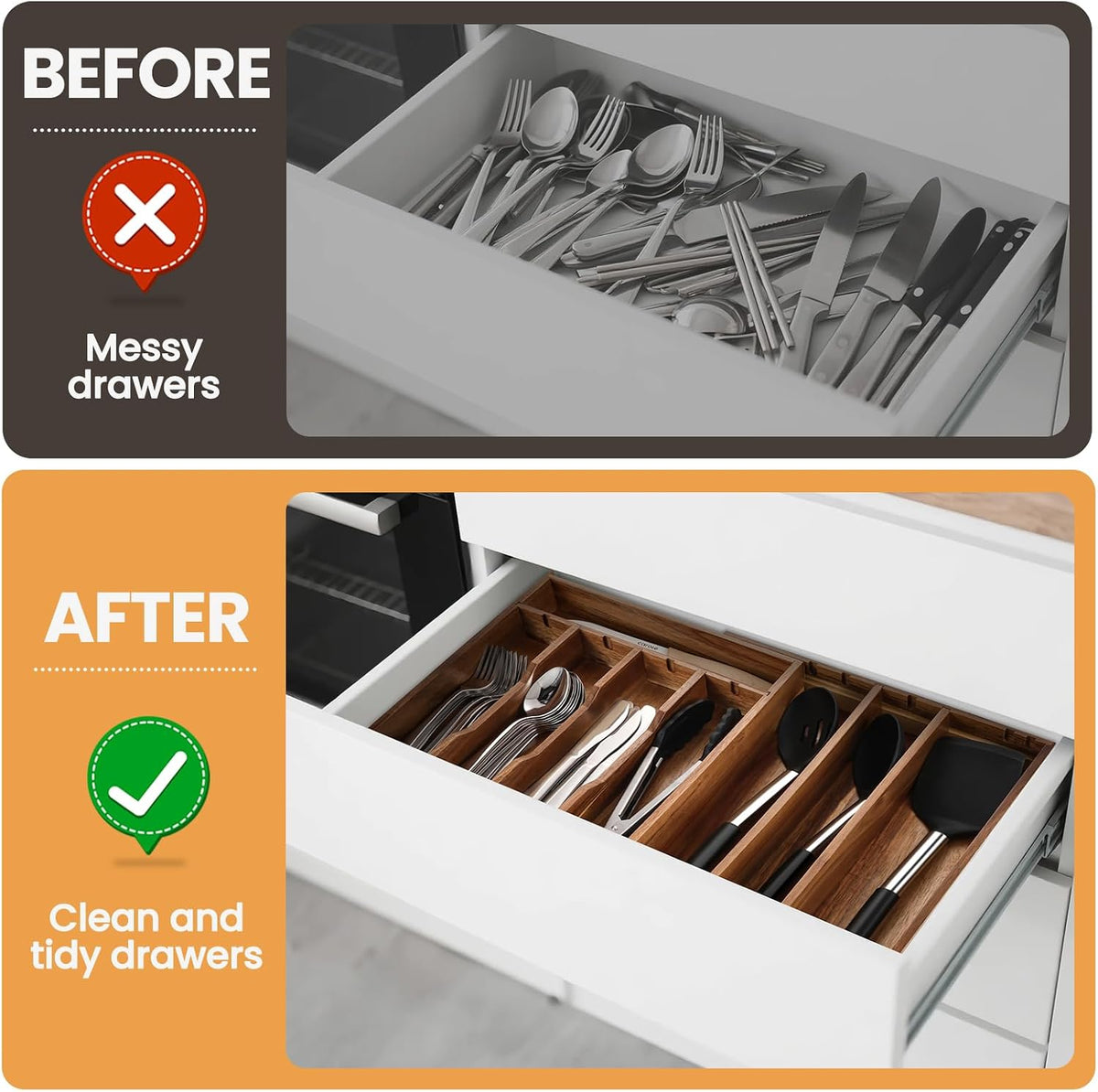 Acacia Wood Silverware Drawer Organizer, 21 Inch Adjustable Cutlery Tray for Kitchen Utensils, Silverware Flatware Storage Box with 6 Detachable Dividers(8-Compartment)