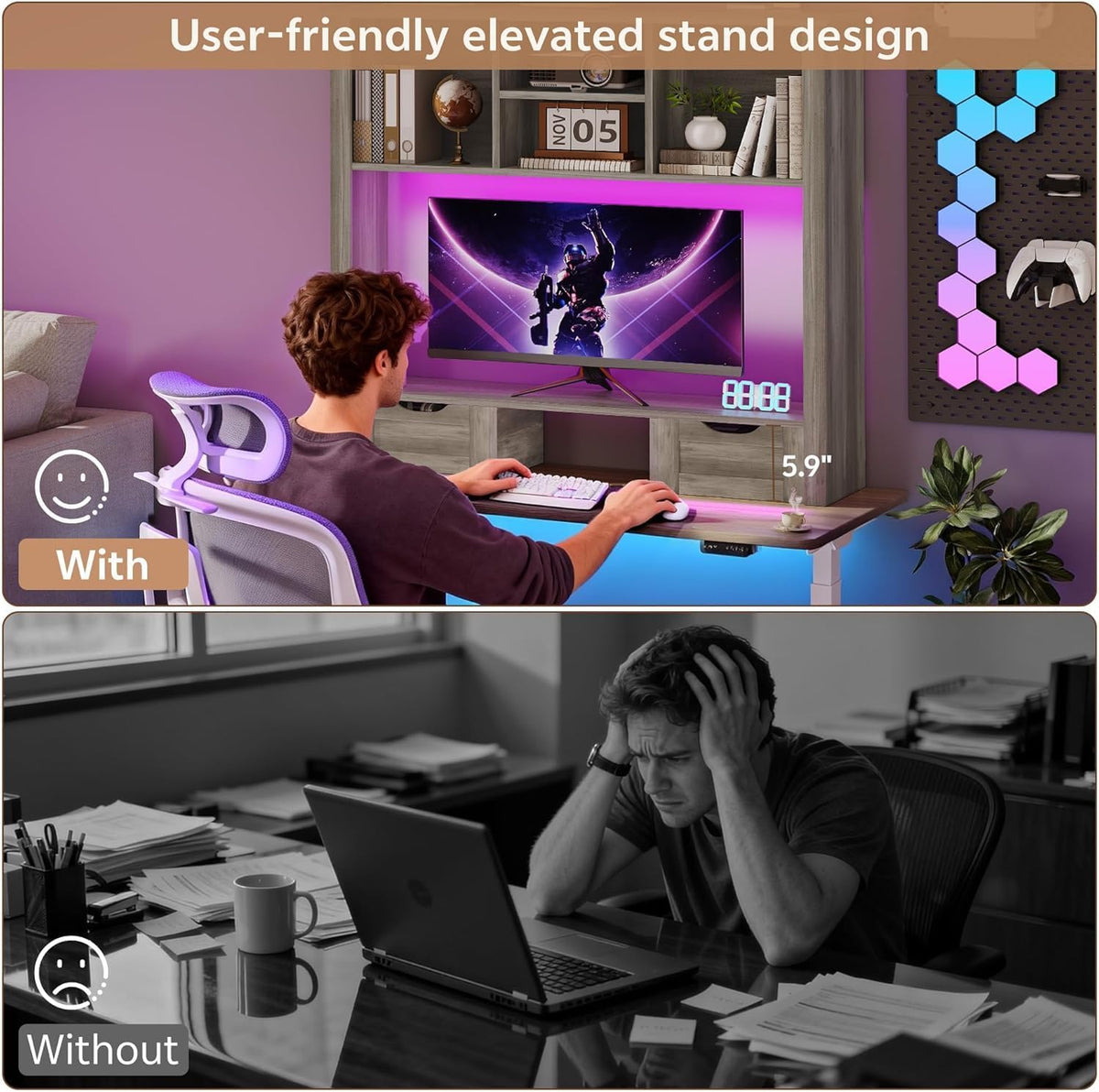 Desk Shelf with Computer Monitor Stand, 37.4''W Desktop Bookshelf