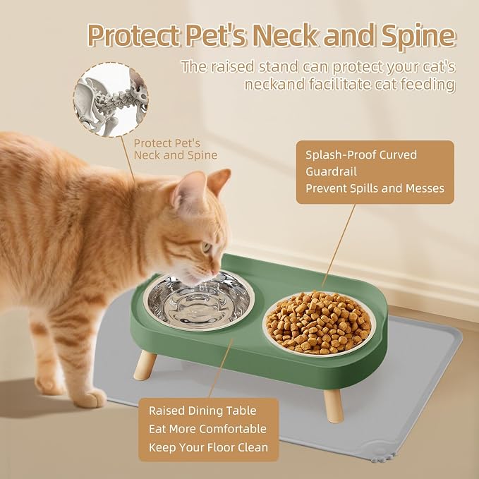 Elevated Cat Bowl with Food Mat, Raised Cat Food and Water Bowl Set