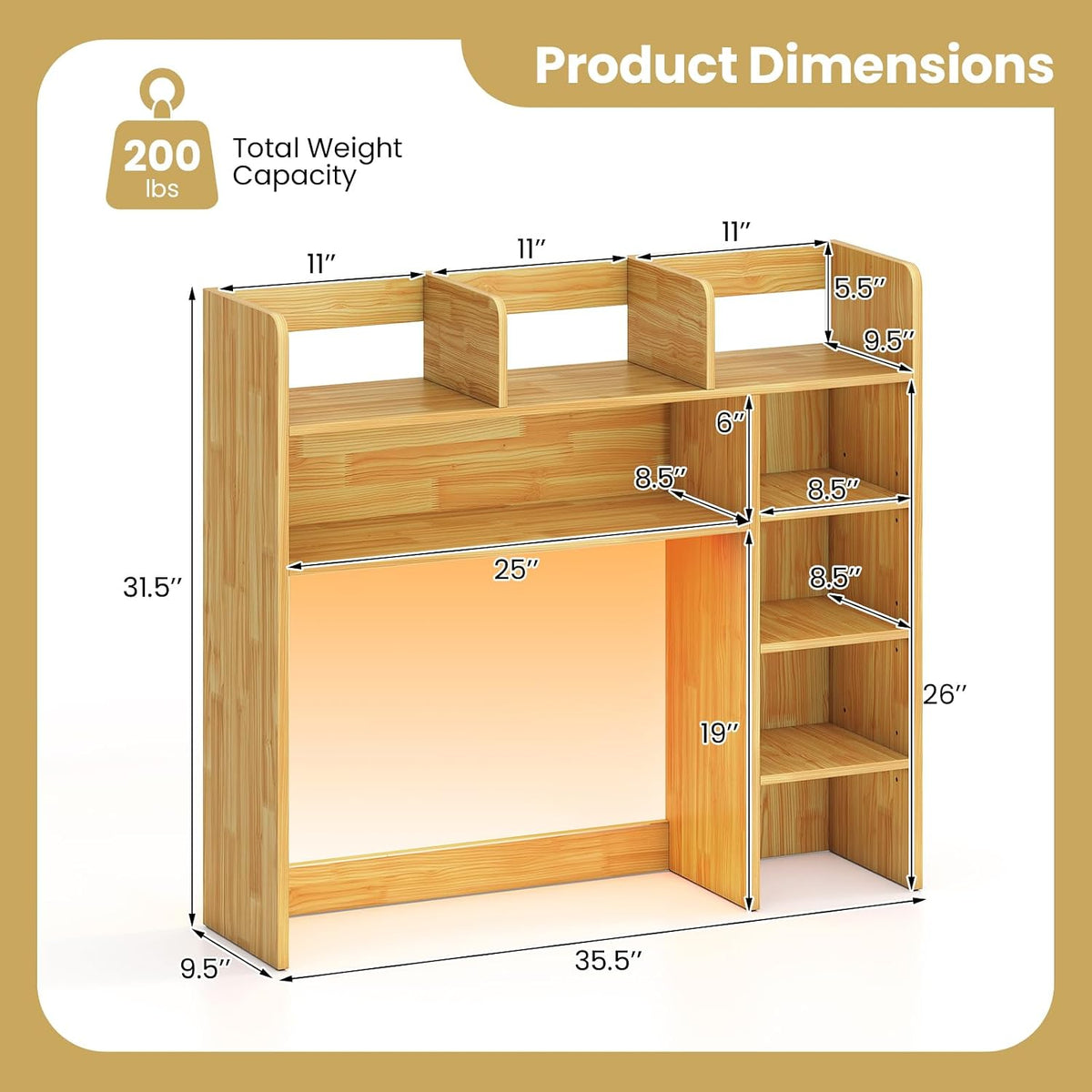 Desktop Bookshelf, Wood Countertop Bookcase with Shelves, Desk Hutch for College Dorm, Multipurpose Desk Organizer Shelf Display Rack for Home Office, Hutch Top Only (Burlywood, 8 Shelf)