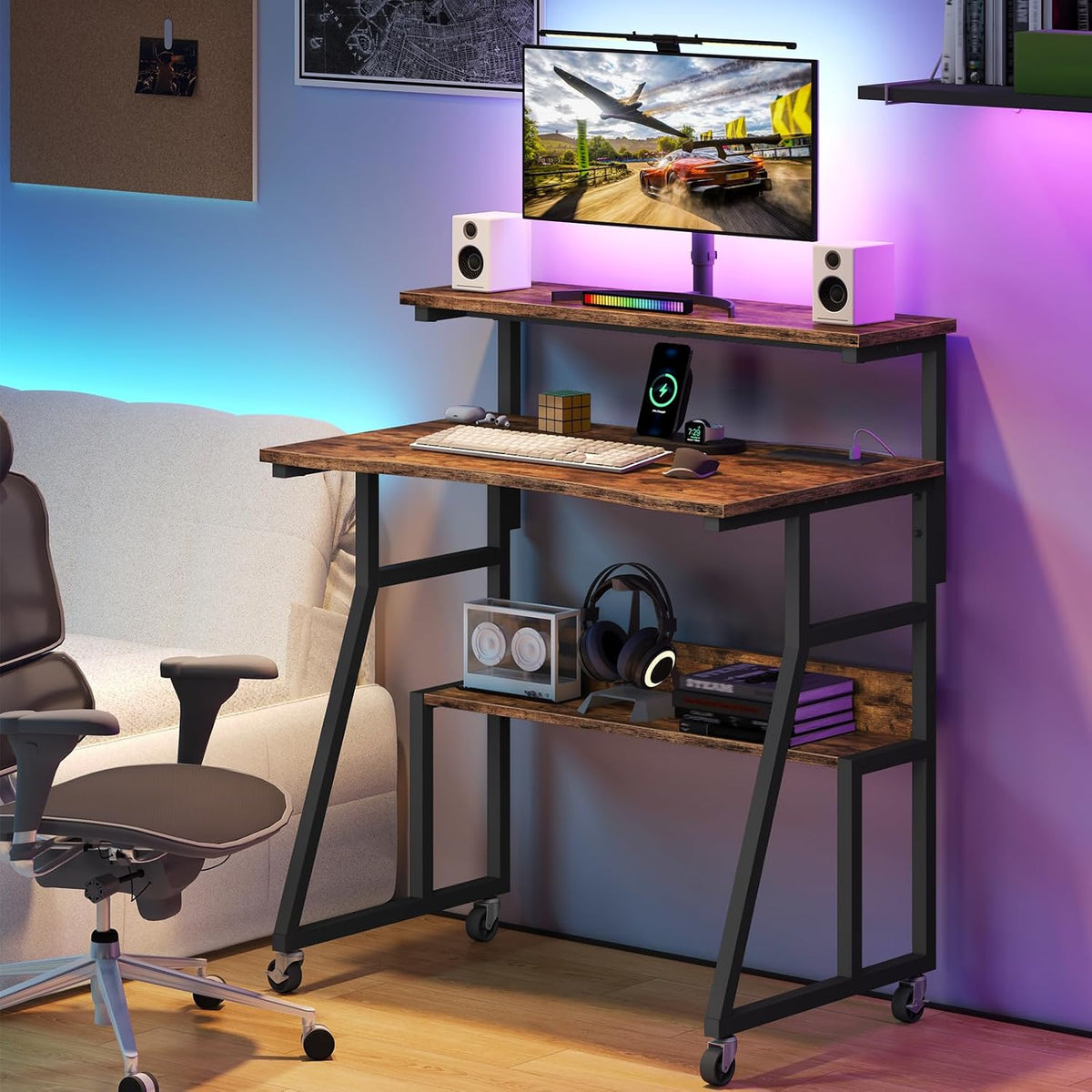 CHOEZON Rolling Computer Desk with Charging Station, 31.5 Inch Mobile Desk with Adjustable Monitor Stand & Storage Shelf, Laptop Table for Home Office, Small Space, Rustic Brown and Black TDN03UBF