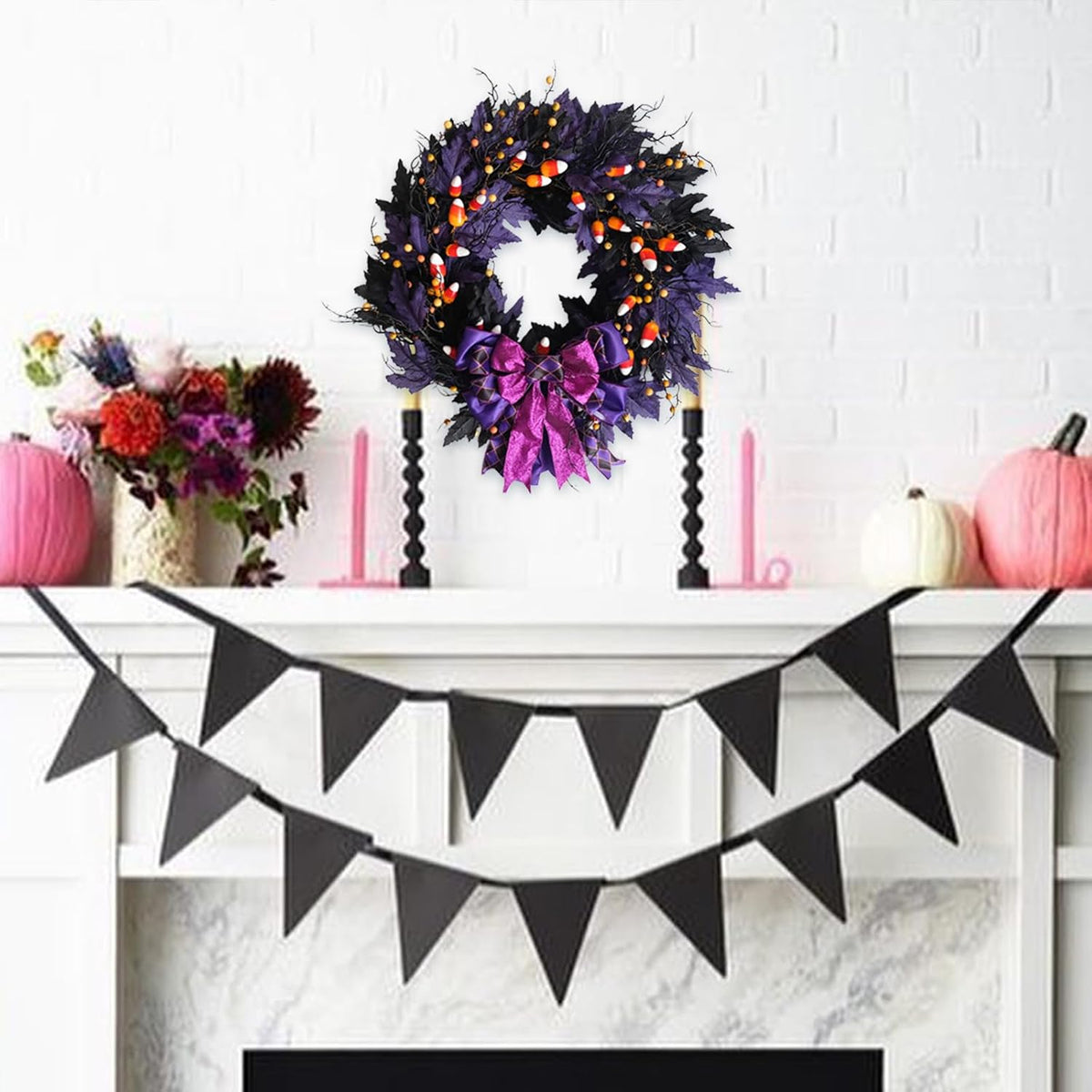 idyllic 22 Inches Halloween Door Wreath, Black Halloween Wreaths for Front Door with Purple Bow Witch Ornaments Decorations