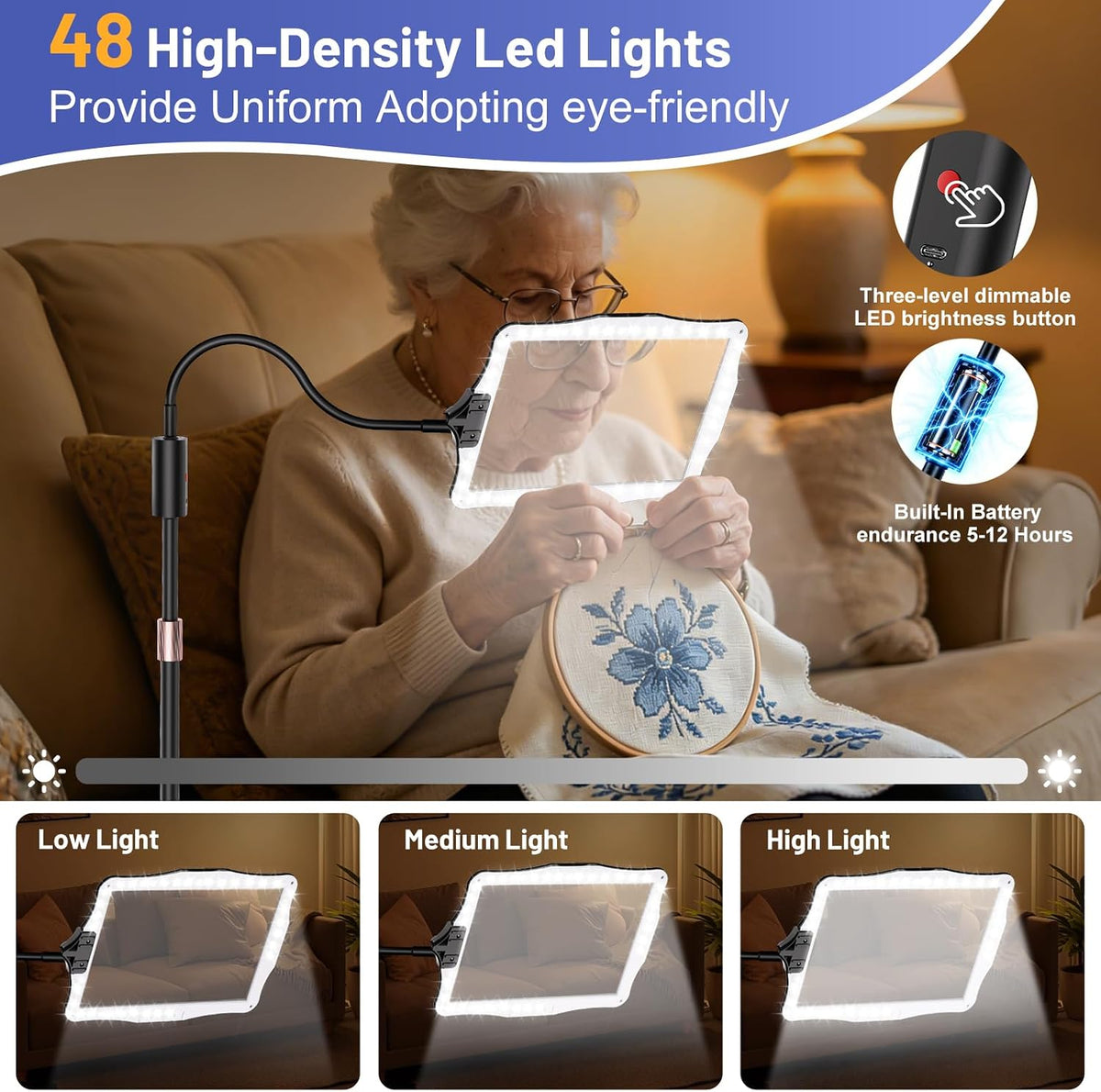 Hands Free Floor Standing Magnifying Glass with 48 LED Rechargeable Light, Adjustable Stand Large Magnifier for Seniors Reading Sewing Craft Embroidery Close Work DIY