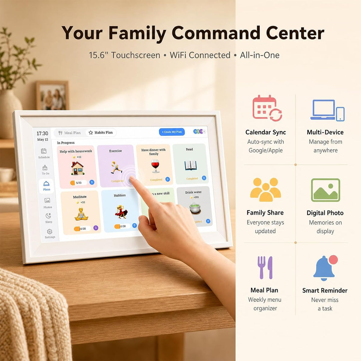 15.6 Inch Digital Calendar Wall Touch Screen, 32GB Electronic Smart Family Planner with Chore Chart, Wall & Desk Mountable, Interactive Calendar for Home, Gifts for Mom Dad Women Men