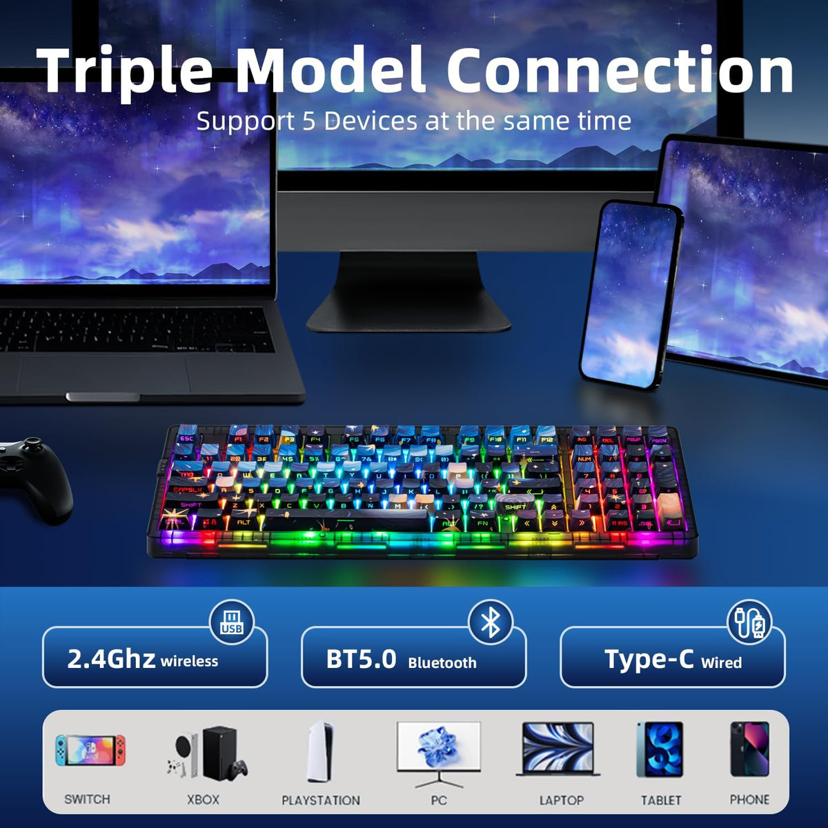 ZORNHER ZH980 Mechanical Keyboard,95% Blue Creamy Keyboard with Number Pad,Van Gogh's Starry Night Dye Sublimation PBT Keycaps,Creamy Sounding Linear Switches,Hot-Swappable,RGB Backlit