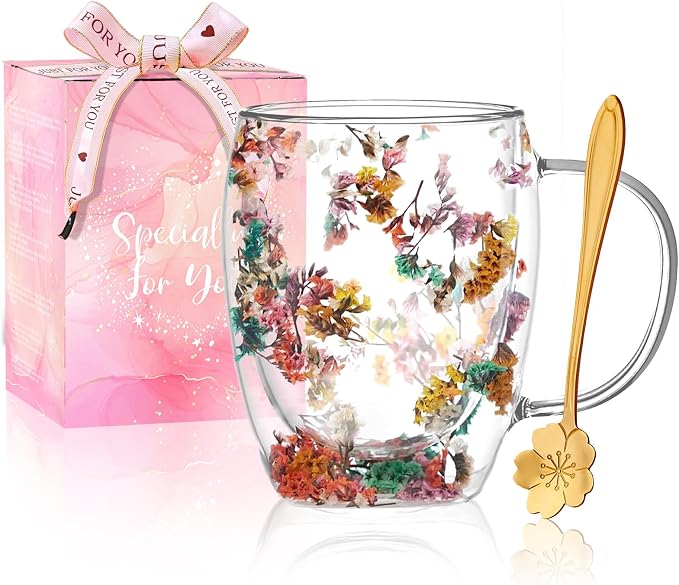 Gifts for Women Dried Flowers Double Wall Glass Coffee Mugs Cute Glass Tea Cups