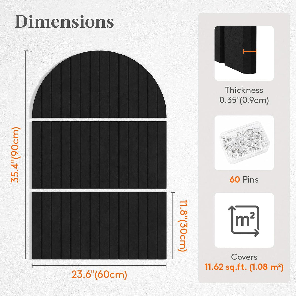 Lifewit 6-Pack Arched Bulletin Board, Cork Board Alternative for Walls, 2 Sets Covering 35.4" x 23.6" Each, Felt Panels with 60 Pins, Full Self-Adhesive Wall Tiles for Decor, Home, Office, Black