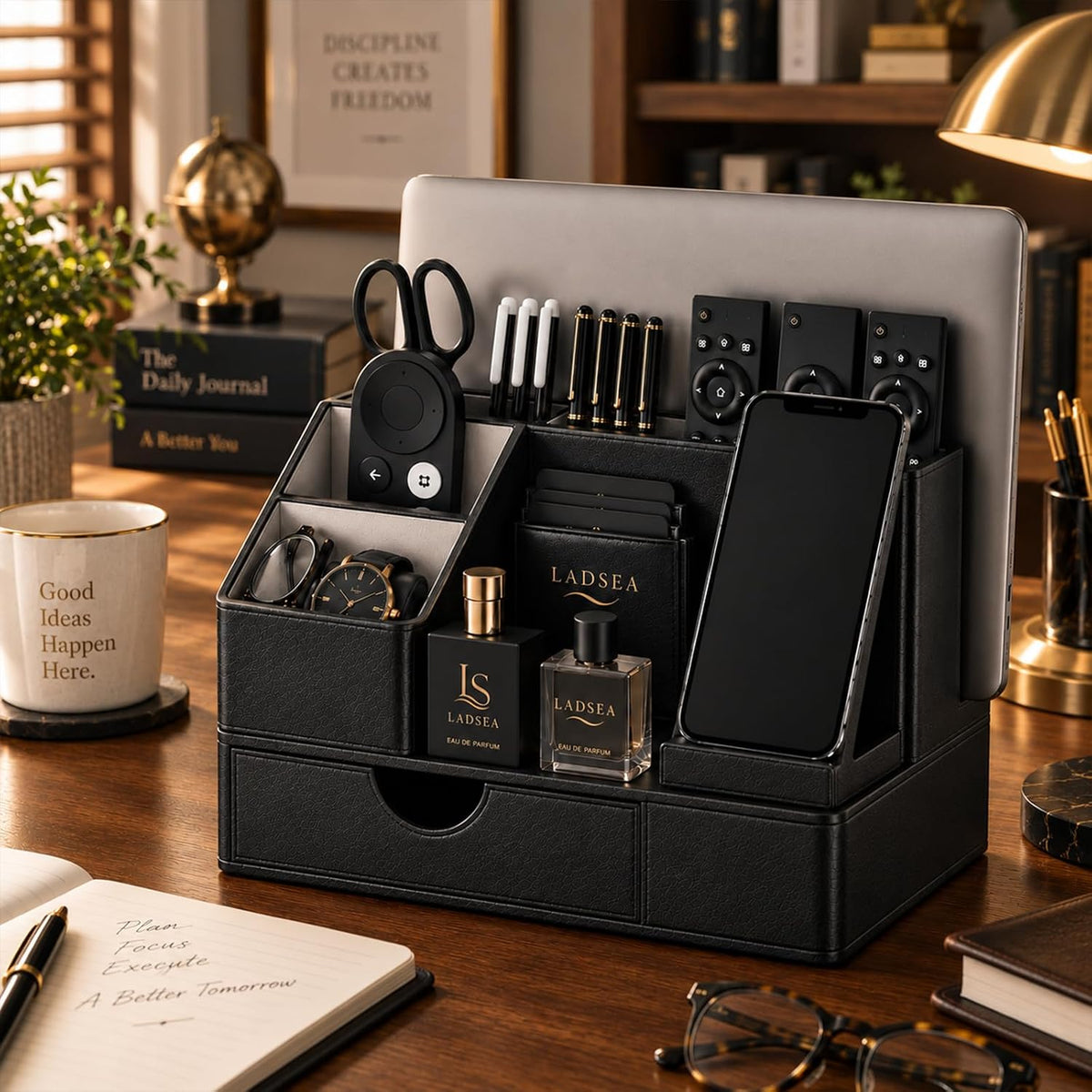 6-in-1 Desk Organizer for Men, PU Leather Phone Stand with Drawer, Bedside Nightstand Caddy for Watch, Wallet and Glasses