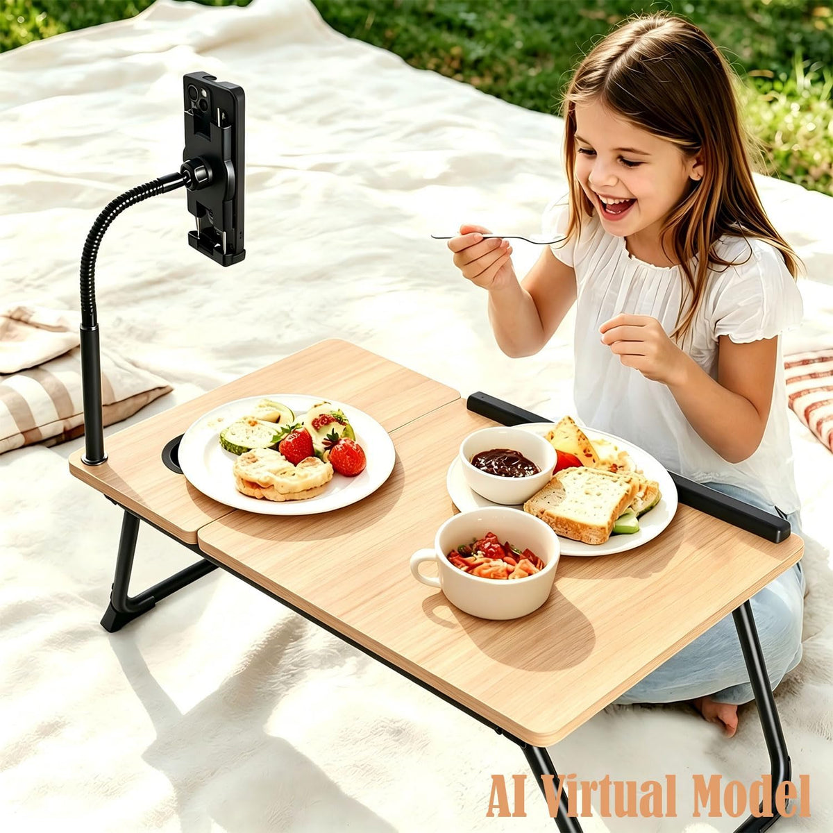 Foldable Lap Desk for Bed and Sofa, Portable Laptop Desk with Gooseneck Phone Stand, Cup Holder & Mouse Pad Extension, Extra Large Bed Desk Tray fits up to 17" Laptops (Natural)