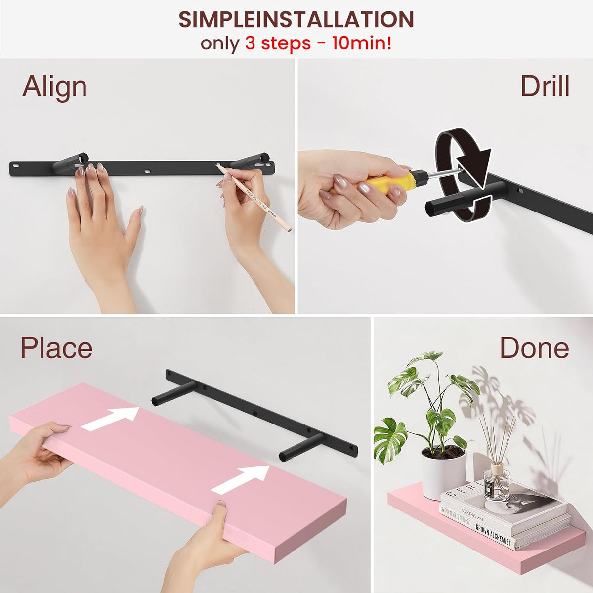 BAYKA Pink Floating Shelves 22.5in, Set of 2, Wall Mounted for Wall Decor