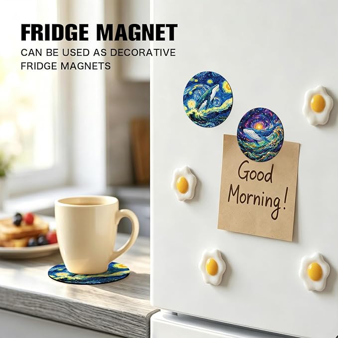 Starry Night Style Whale Funny Round Magnetic Coaster Set of 2 Doubles as
