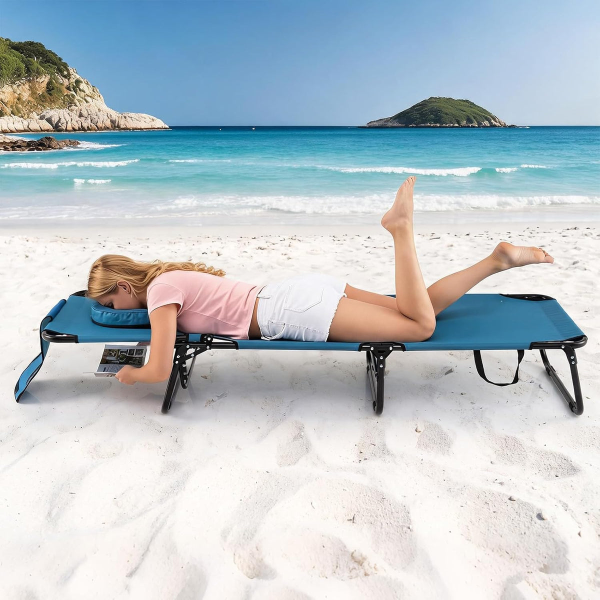 GYMAX Tanning Chair, Folding Lounge Chairs with Face Hole & Cover, Removable Pillow Carry Handle, Portable Compact Outdoor Layout Recliner for Beach, Poolside, Lawn, Patio, Camping (Blue,2)