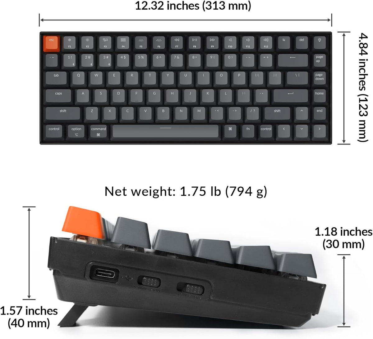 Keychron K2 75% Layout Bluetooth Mechanical Keyboard Super Red Switch/White LED Backlit/Anti Ghosting/N-Key Rollover/84 Key USB C Wired Computer Keyboard for Mac Windows-Version 2