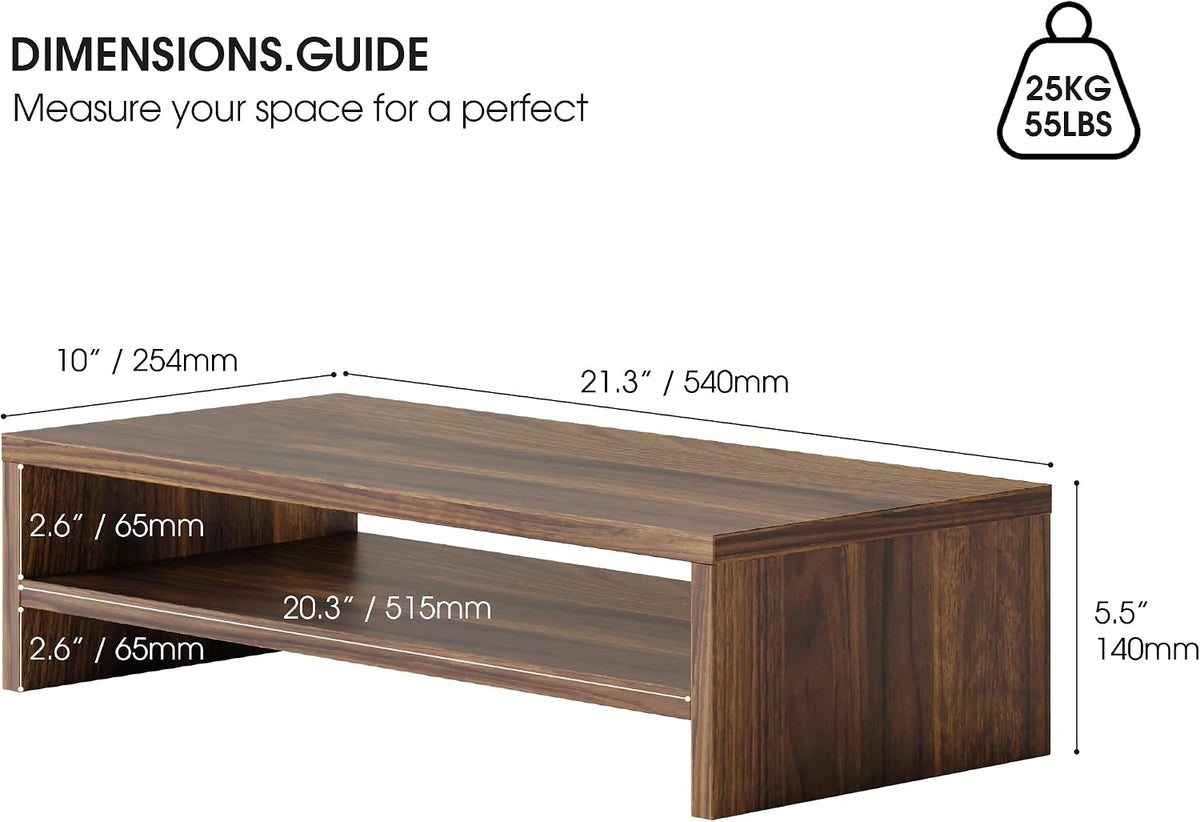 FITUEYES Wooden Monitor Stand Riser, 2-Tier Desk Storage Shelf, Brown