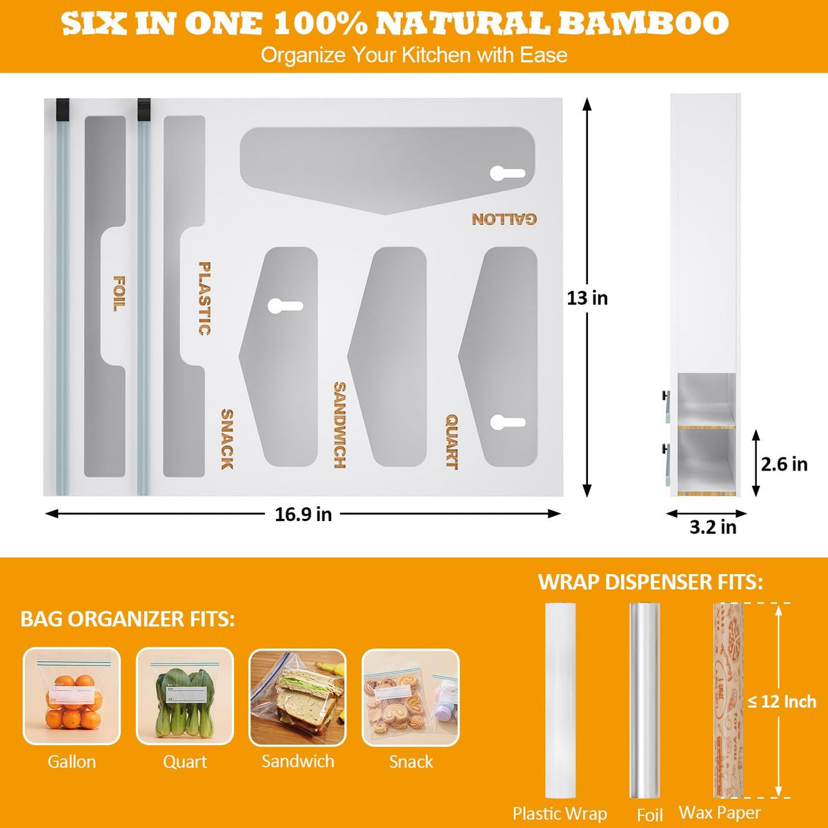 DALSHABET 6 in 1 Bamboo Bag Organizer with Foil and Wrap Dispenser, White