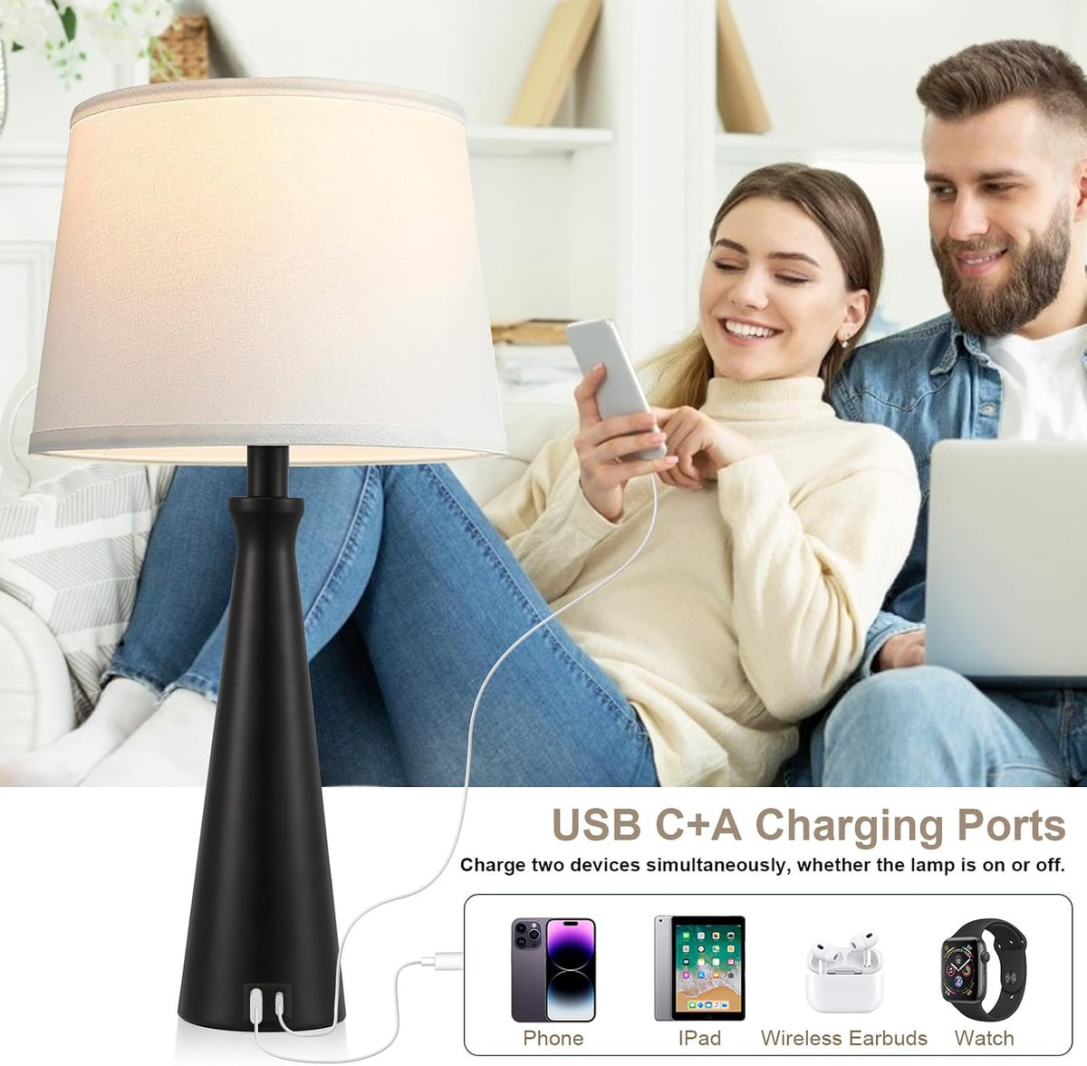Modern Touch Lamps for Nightstand, 3 Way Dimmable Bedroom Lamp Set of 2