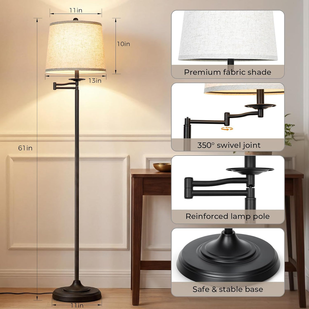 Qingmiao 61" Vintage Floor Lamp with Swing Arm 350° Adjustable, 3-Way Bulb