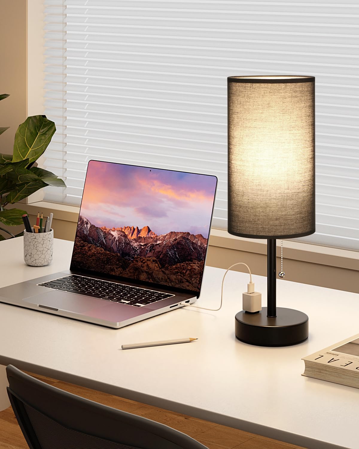 17.4" Black Bedside Table Lamps Set of 2 - Bedroom Lamp, USB C+A, AC Outlet
