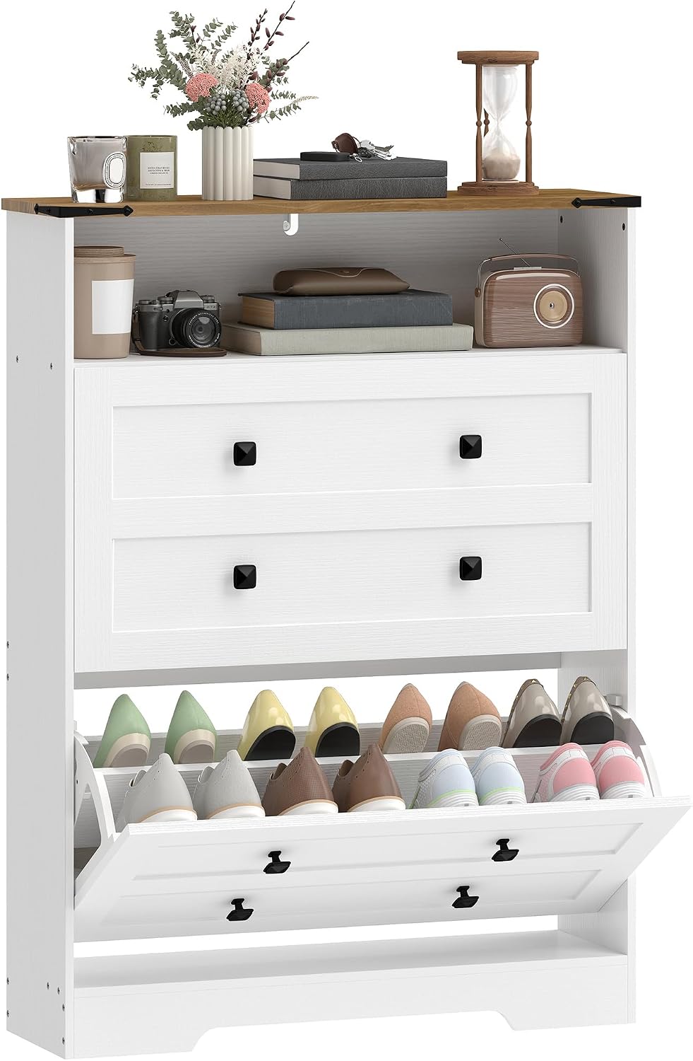 HOMCOM Shoe Cabinet with 2 Flip Drawers, Narrow, Adjustable Shelves, White