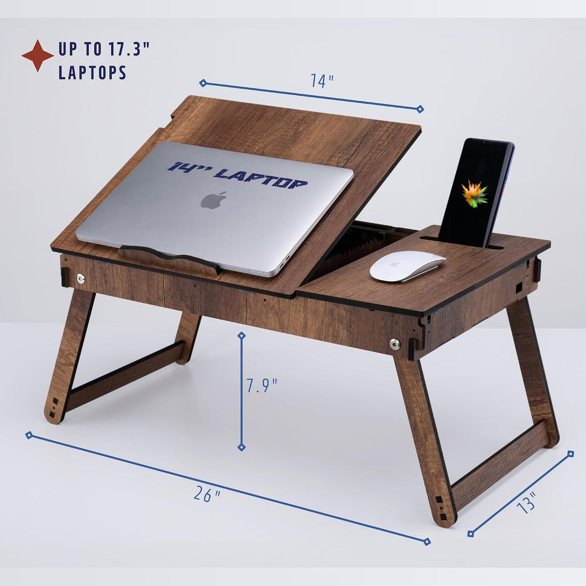 Vigo Wood Laptop Stand with Adjustable Tilt, Folding Legs and Storage Space, Reading Table and Work Desk (Walnut)