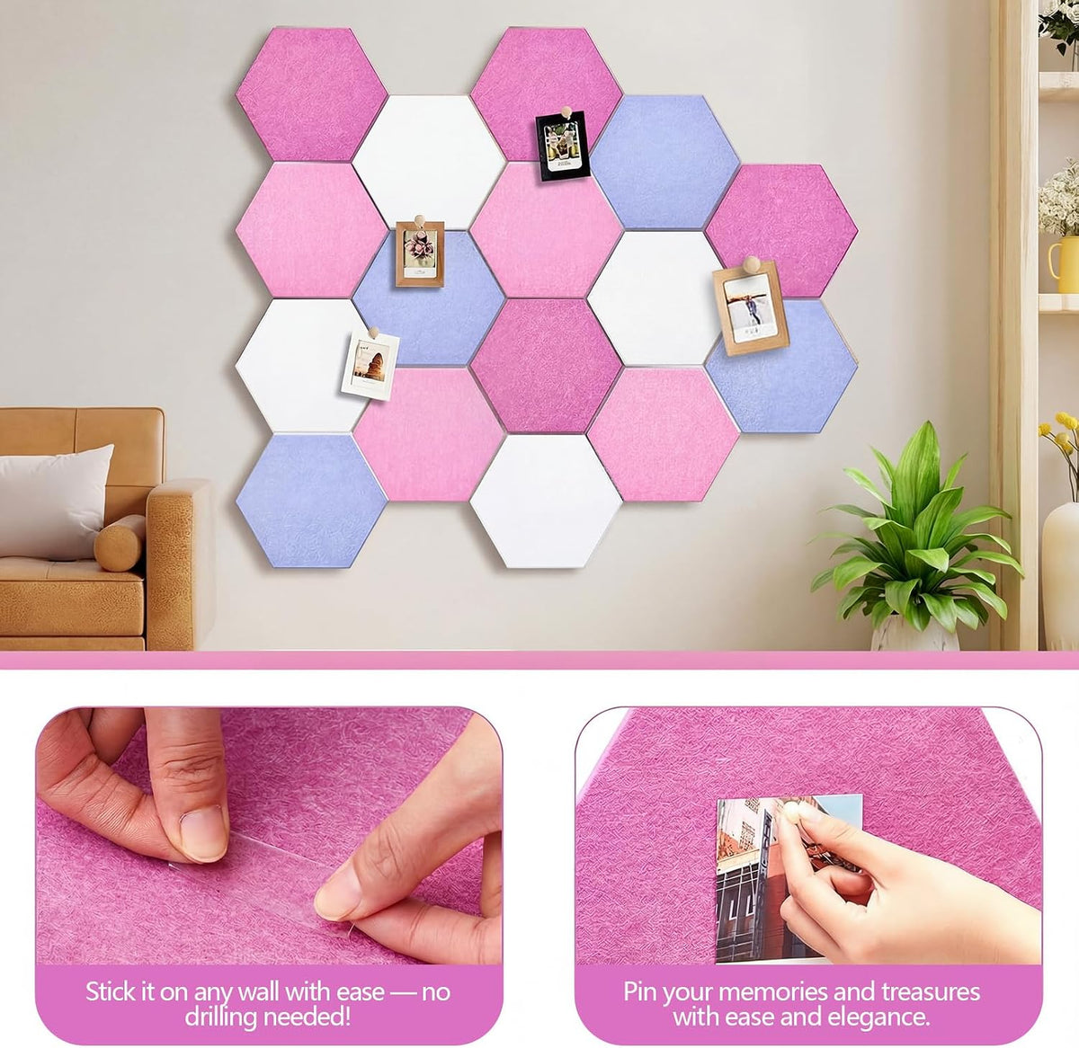 12x10 in 16 Pcs Hexagon Cork Board Tiles, Felt Pin Boards, Pink