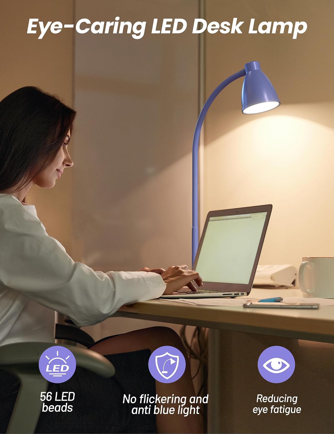BOHON LED Desk Lamp with USB Charging Port, 3 Color Modes Dim, Lilac Purple