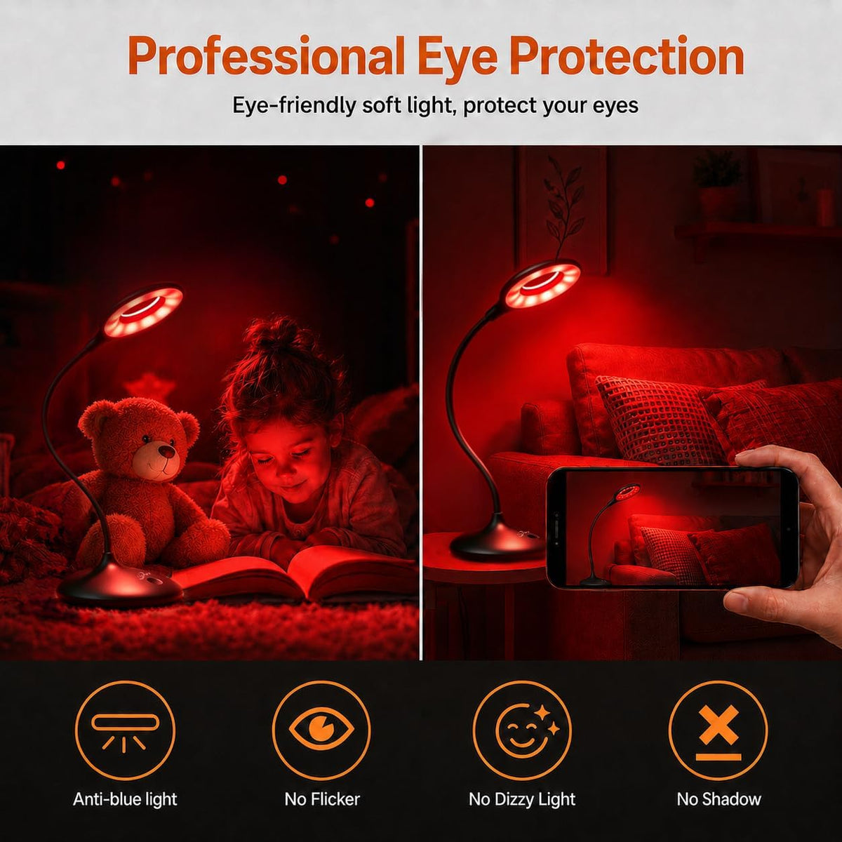 670nm Red Light Therapy Desk Lamp for Reading Sleep in Bedroom Dorm