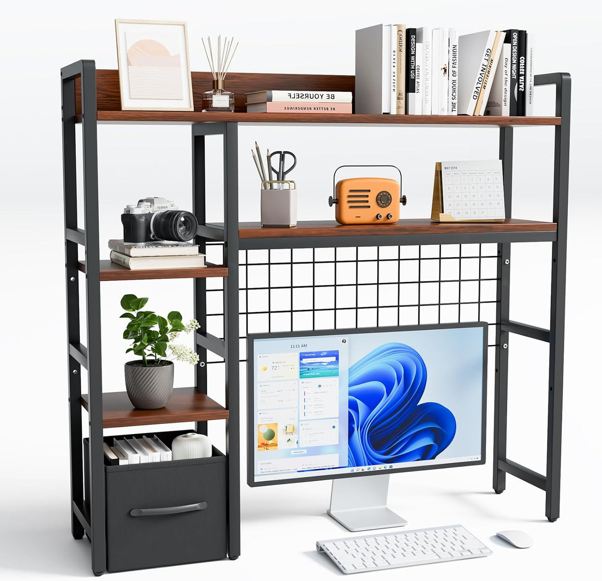 Desk Hutch for Computer Monitor,Desktop Bookshelf Organizer,4 Tier Desk Hutch with Grid Panel,38.6" Desk Shelf Storage Rack for Home Office,Study,Dorm,Black