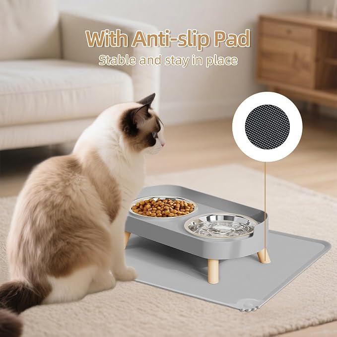 Elevated Cat Bowl with Food Mat, Raised Cat Food and Water Bowl Set