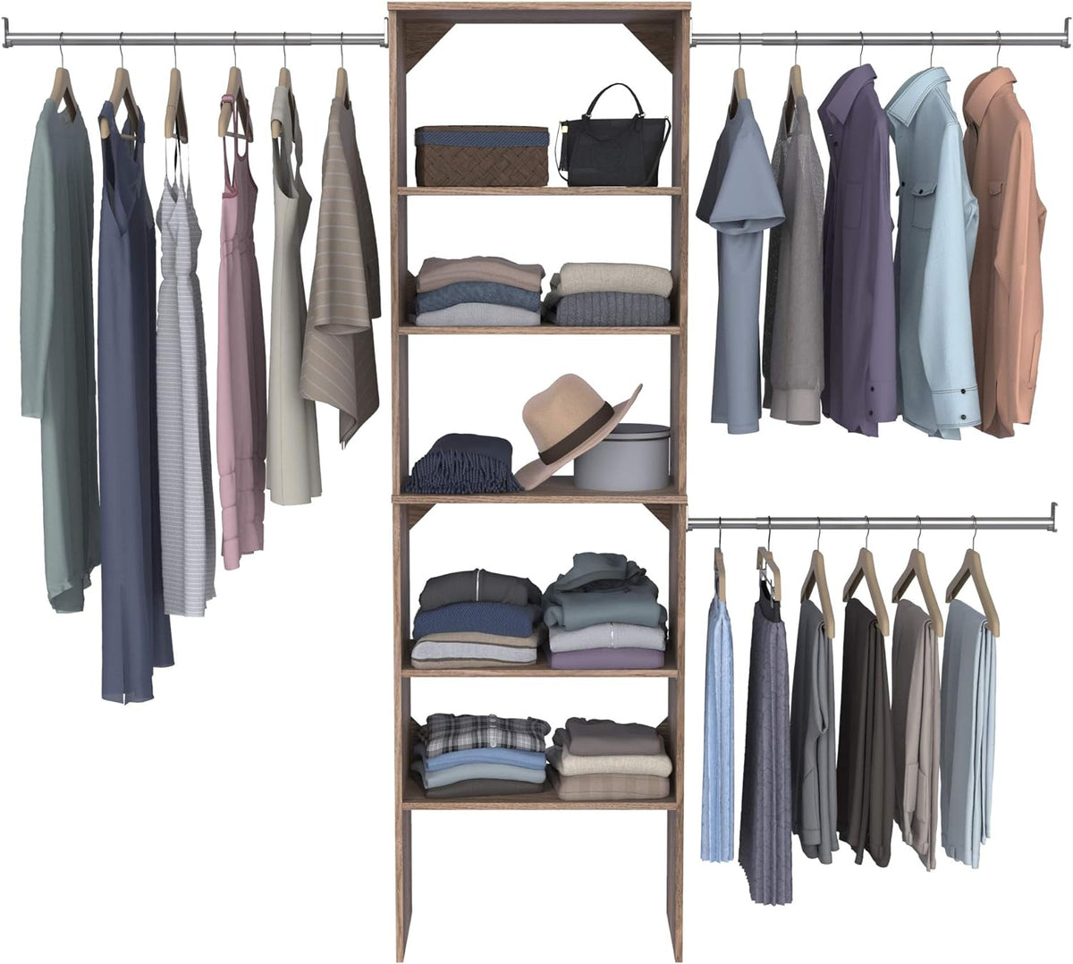 ClosetMaid SuiteSymphony Wood Closet Organizer Starter Kit with Tower and 3 Hang Rods, Shelves, Adjustable, Fits Spaces 5 – 10 ft. Wide, Natural Gray