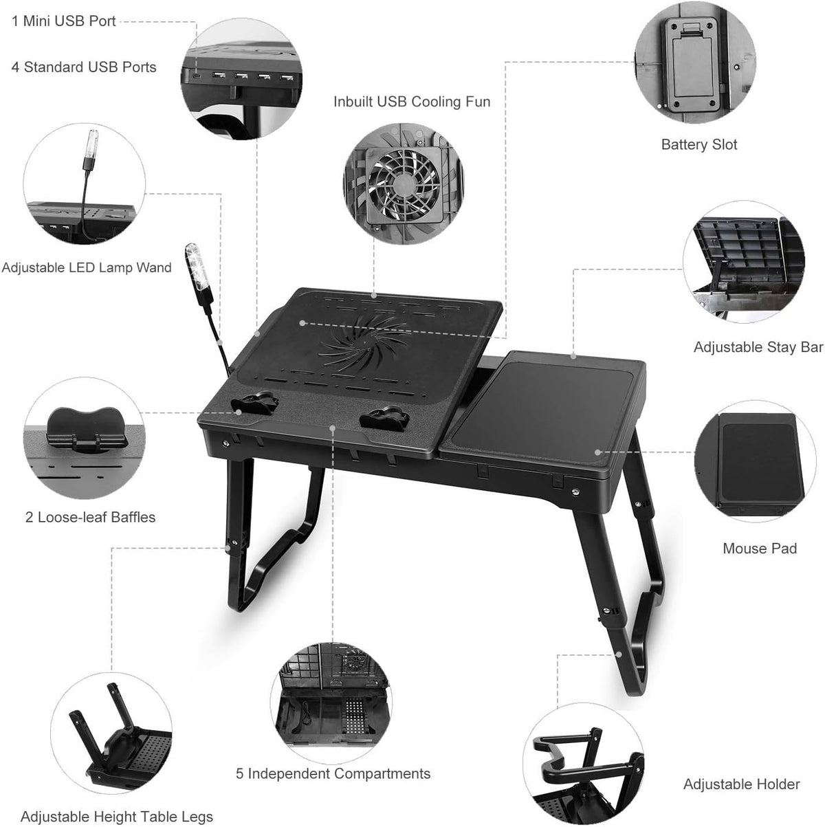 TeqHome Laptop Desk for Bed, Adjustable Table with Fan, Portable Lap Desk, Foldable Legs, Stand for Couch Sofa, Tray with LED Light, 4 USB Ports, Storage, Mouse Pad