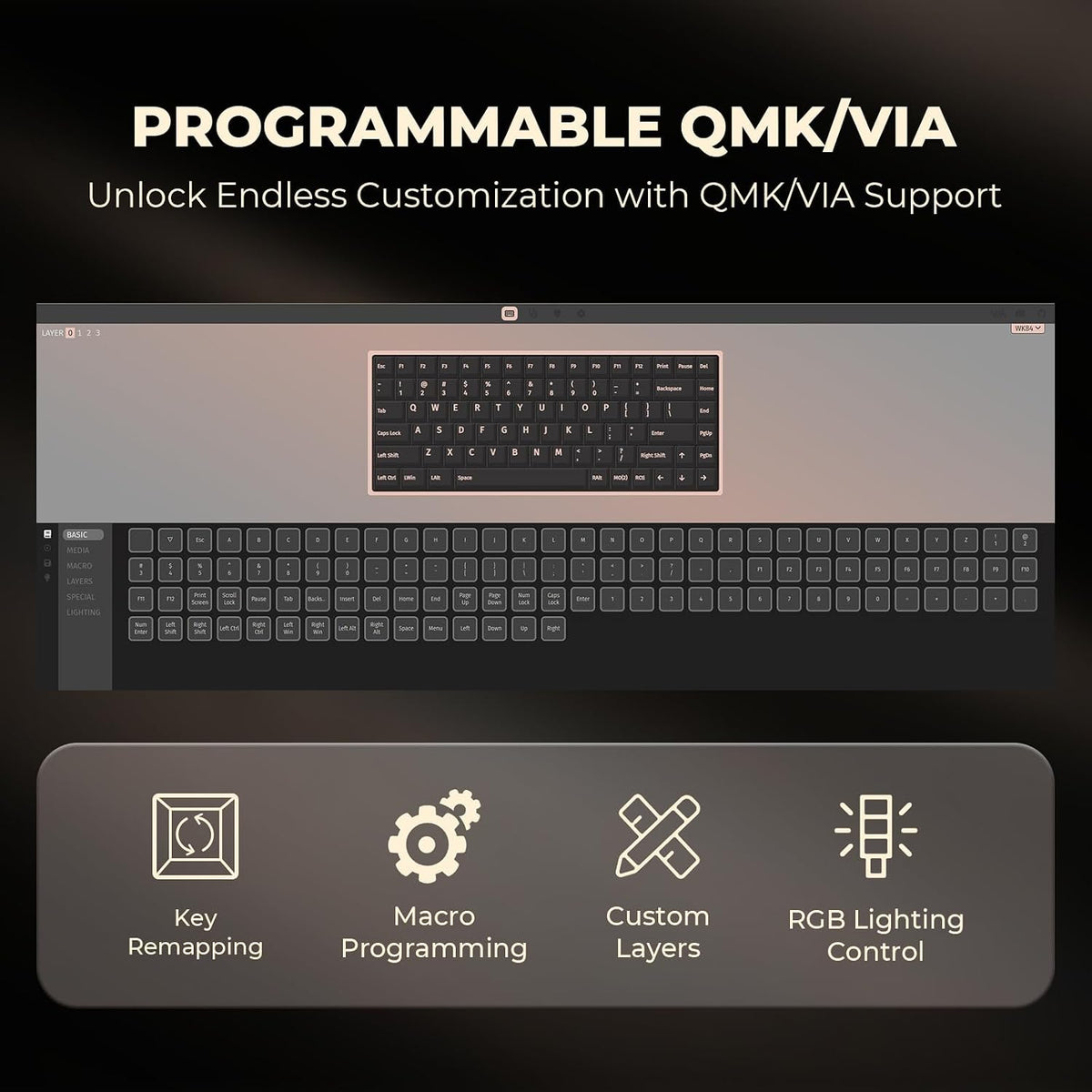 GLENCREAG WK84 USB-C Wired Wooden Mechanical Keyboard, 75% Layout 84 Keys, RGB Backlit, Hot-Swappable Green Switches, QMK/VIA Programmable, for Gaming & Typing